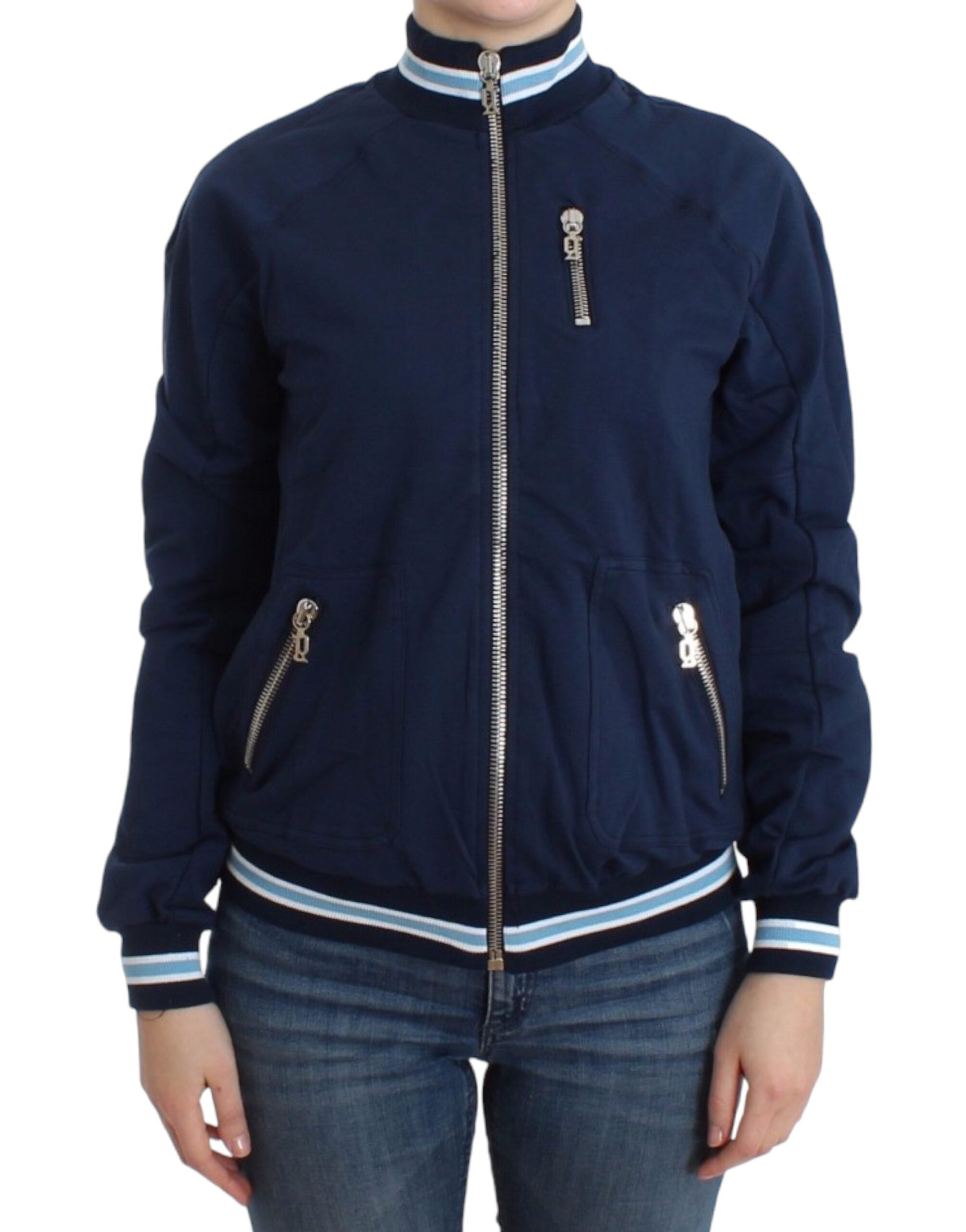 Cardigan albastru elegant cu fermoar și logo John Galliano