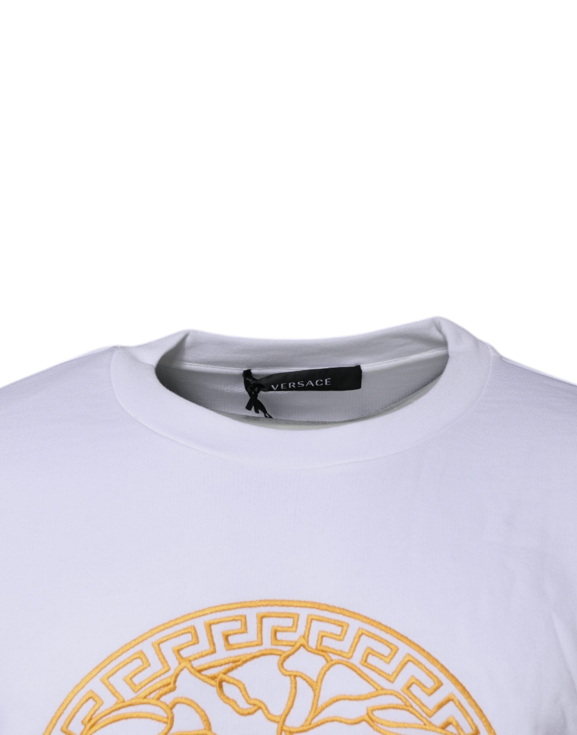 Pulover Versace alb cu broderie Medusa și guler rotund