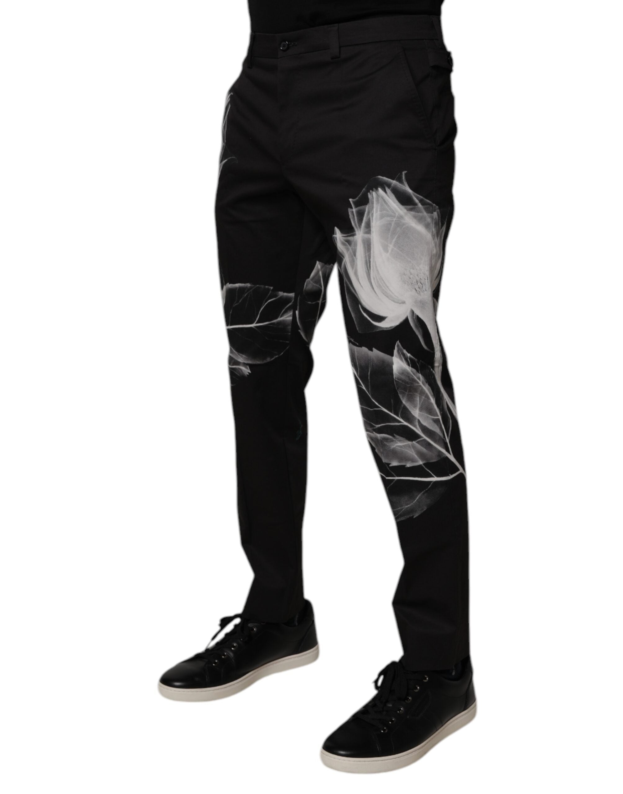 Black Cotton Floral Skinny Dress Pants