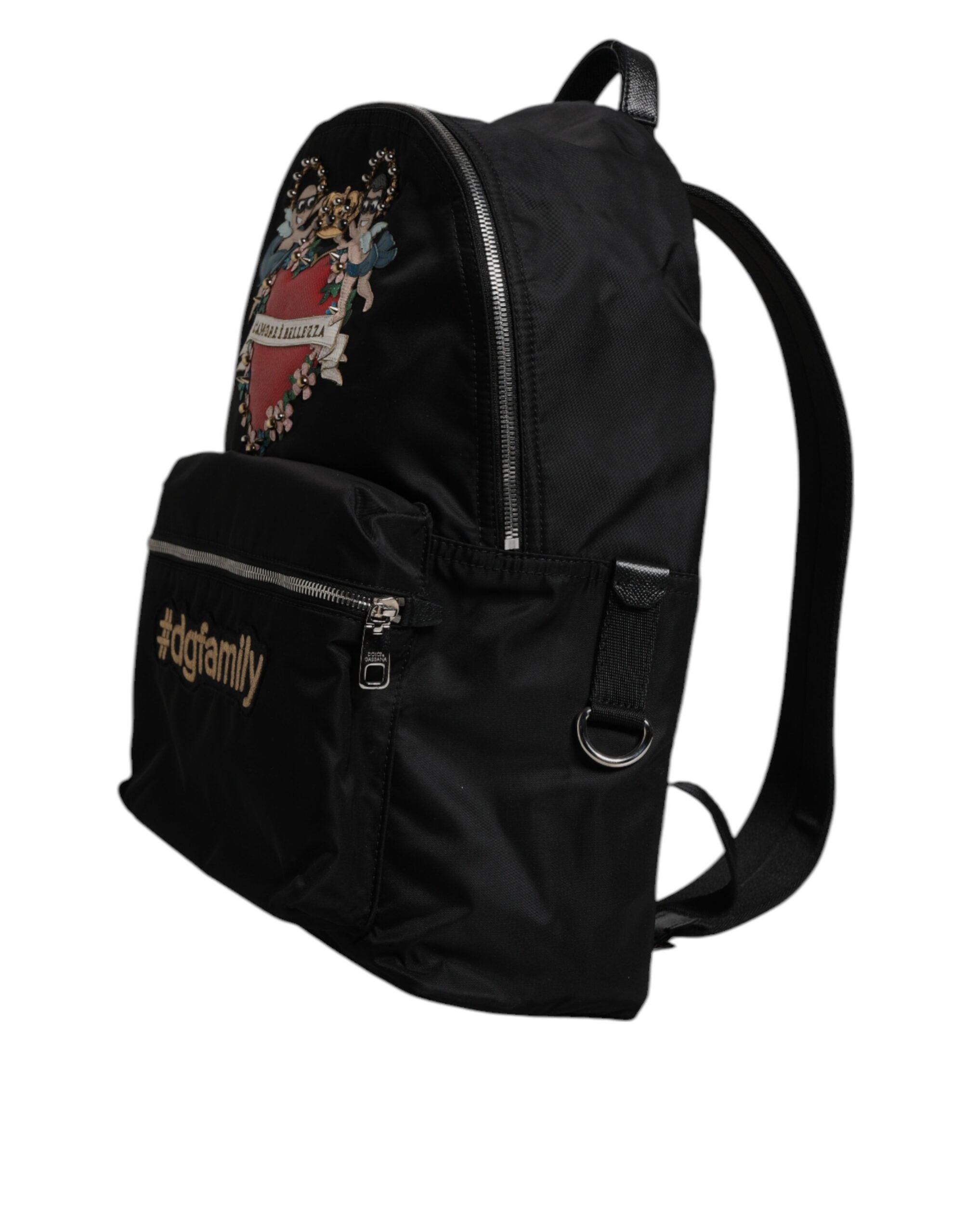 Black Nylon #DGFAMILY Embellished Backpack VULCANO Bag