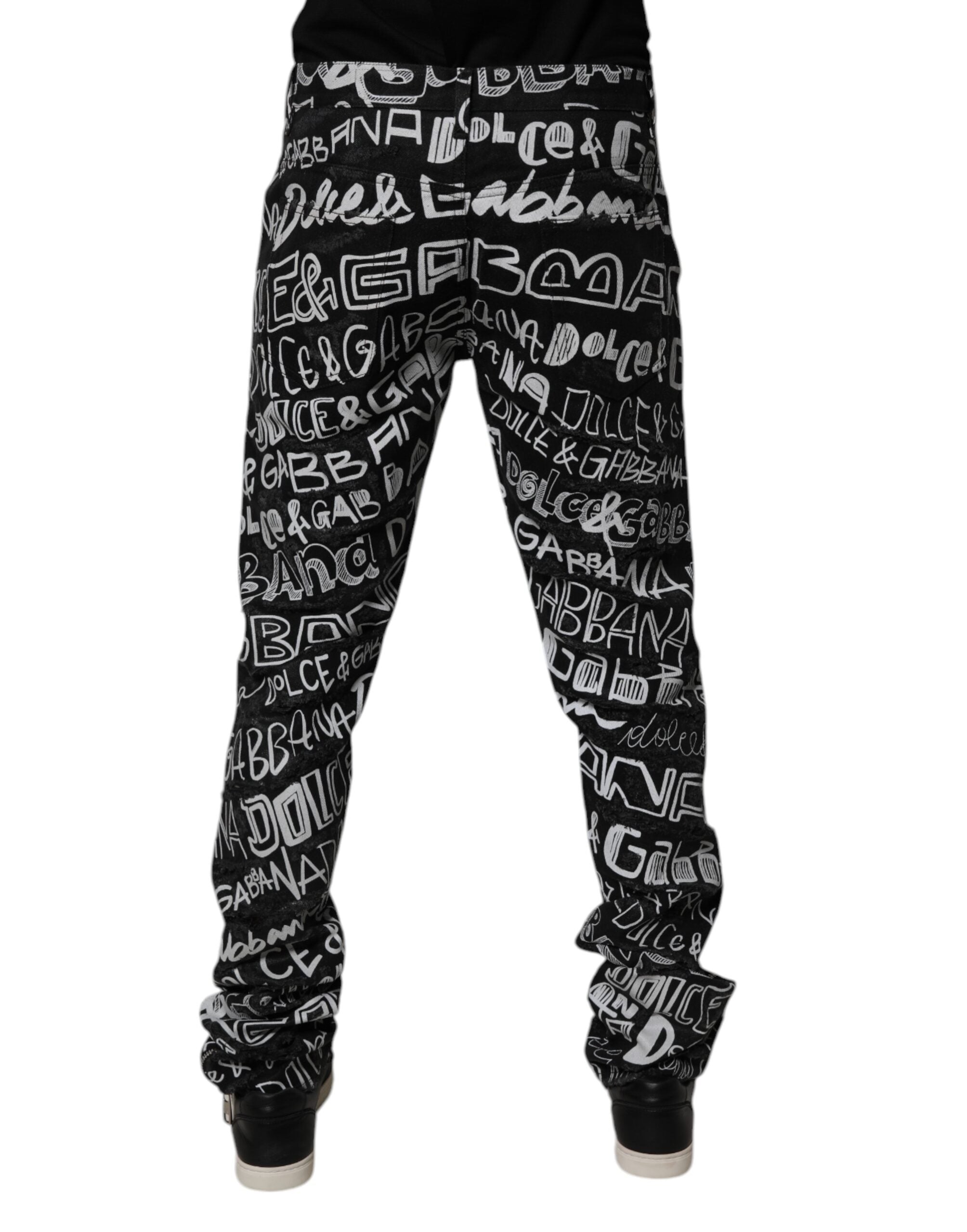 Black Cotton Logo Print Straight Denim Jeans