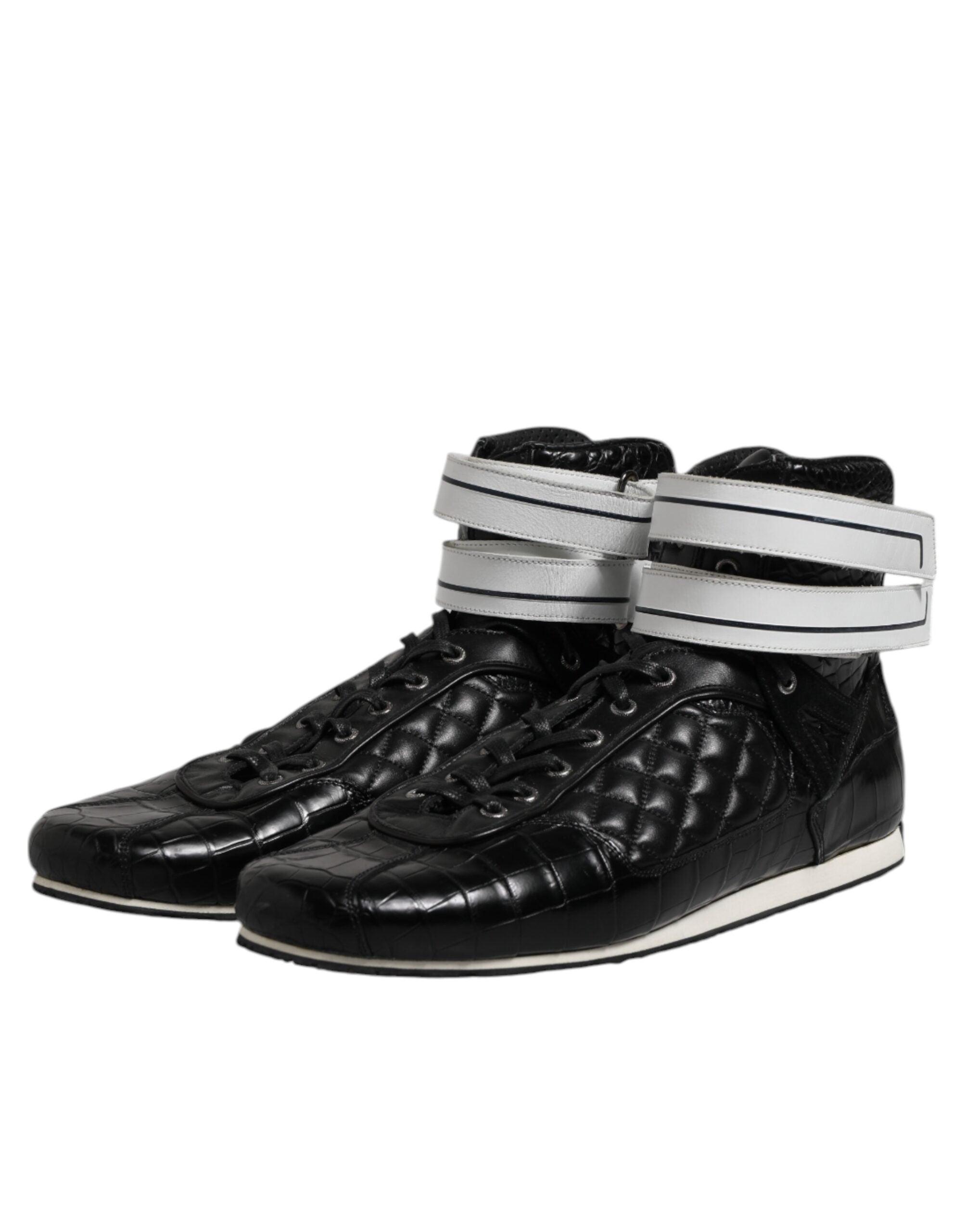 Black Quilted Leather Lace Up Sneakers Shoes