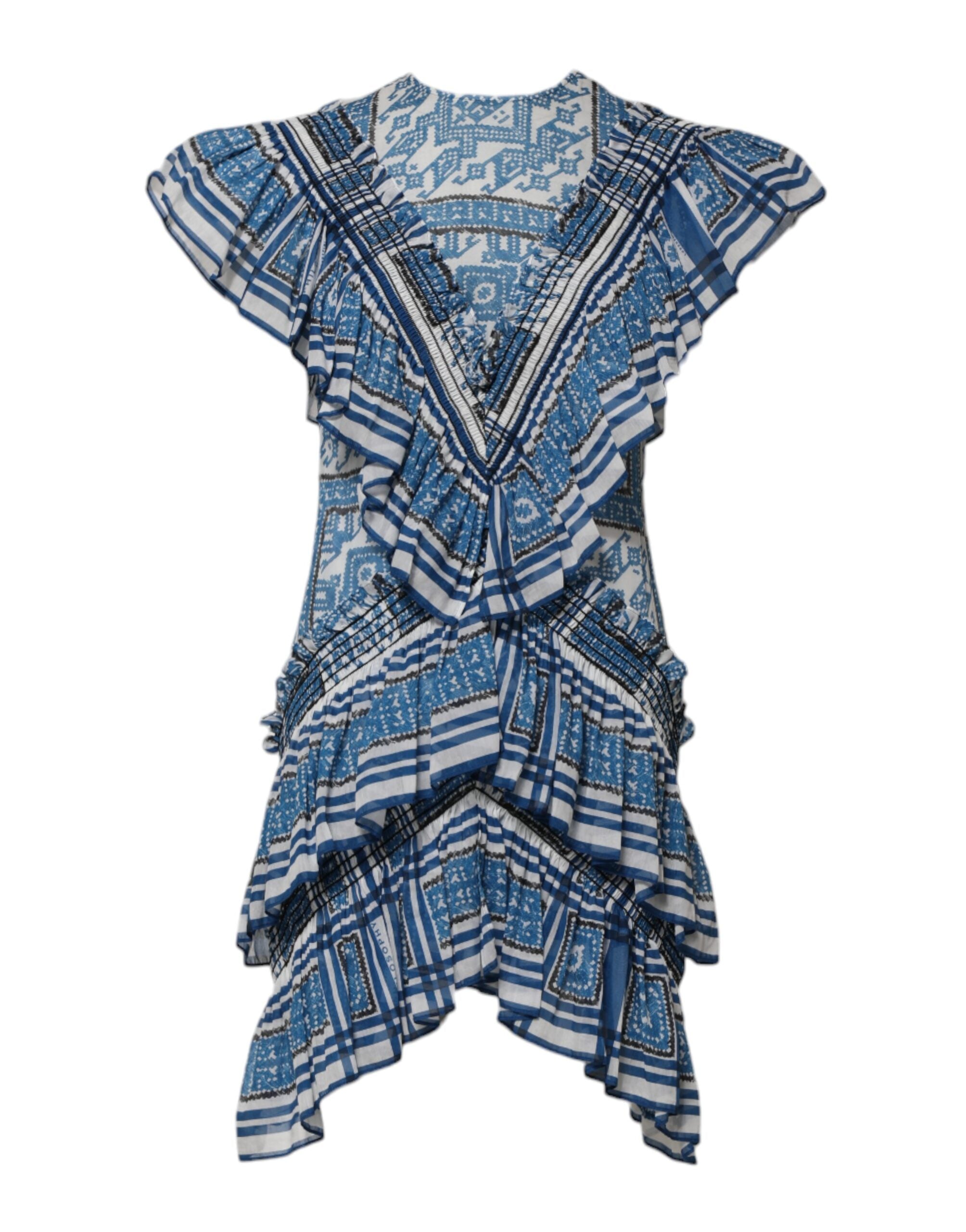 Blue Patterned Layered Short Sleeves Mini Dress