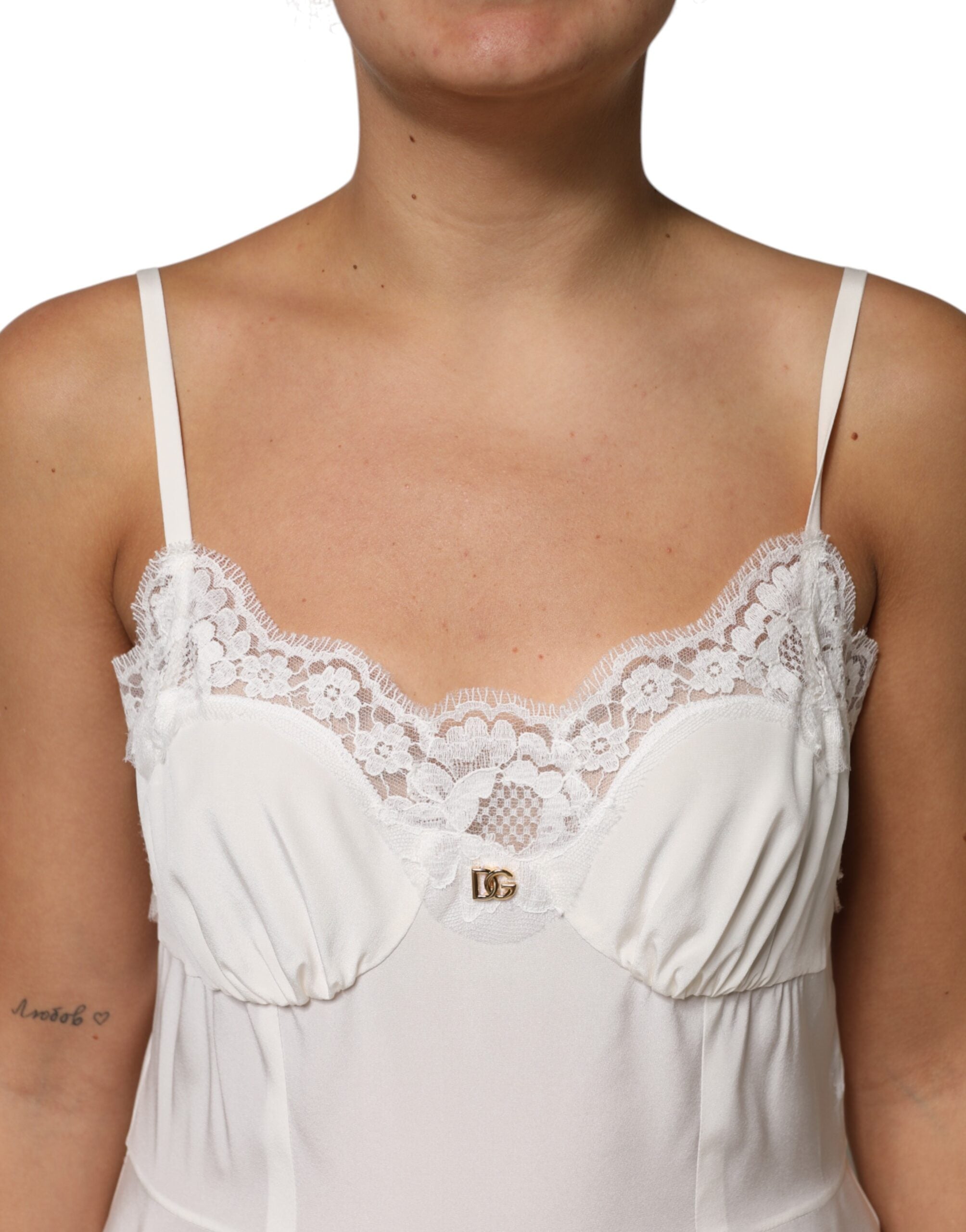 White Lace Gold DG Logo Silk Dress Sleepwear