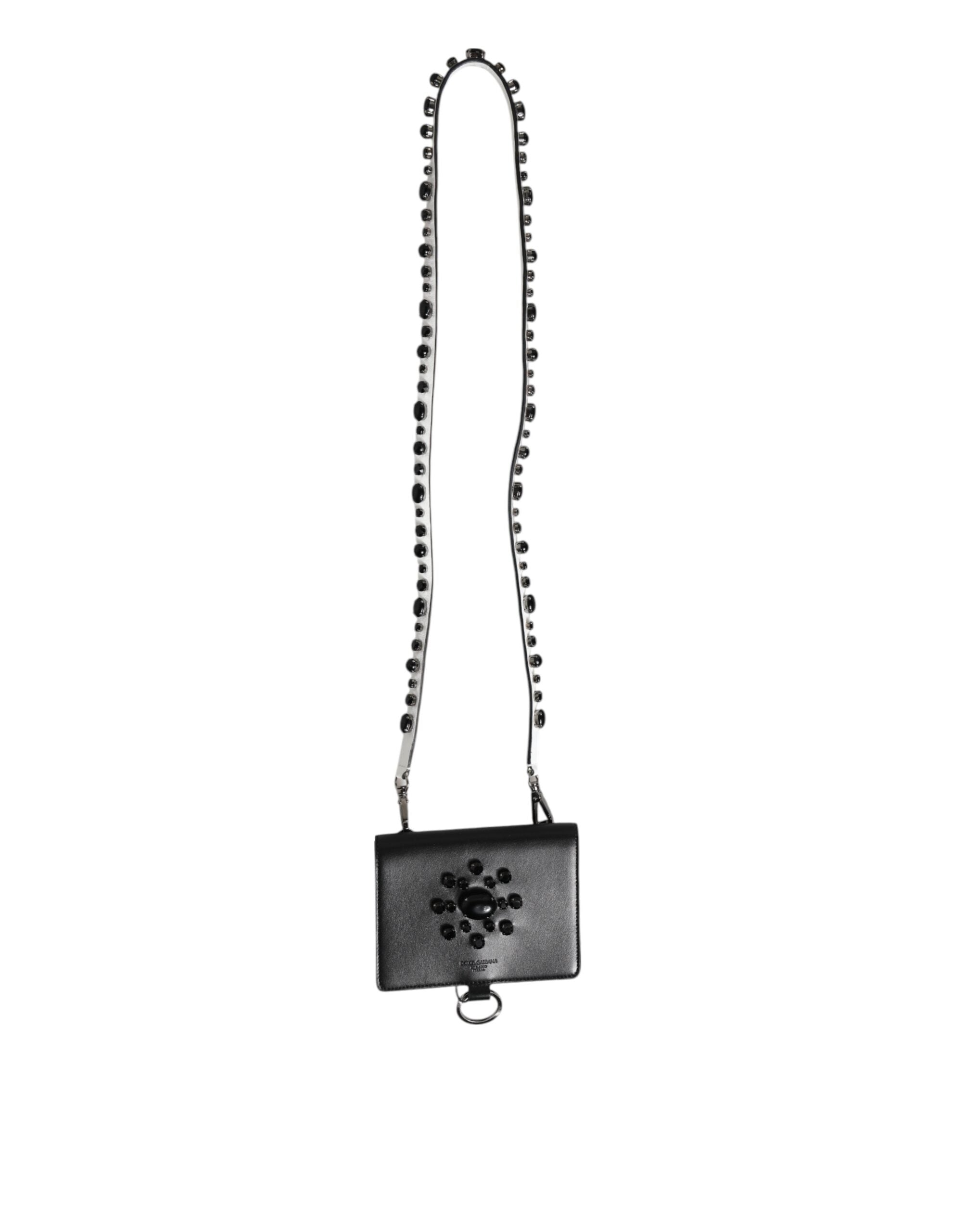 Black Leather Crystal Embellished Card Holder Wallet