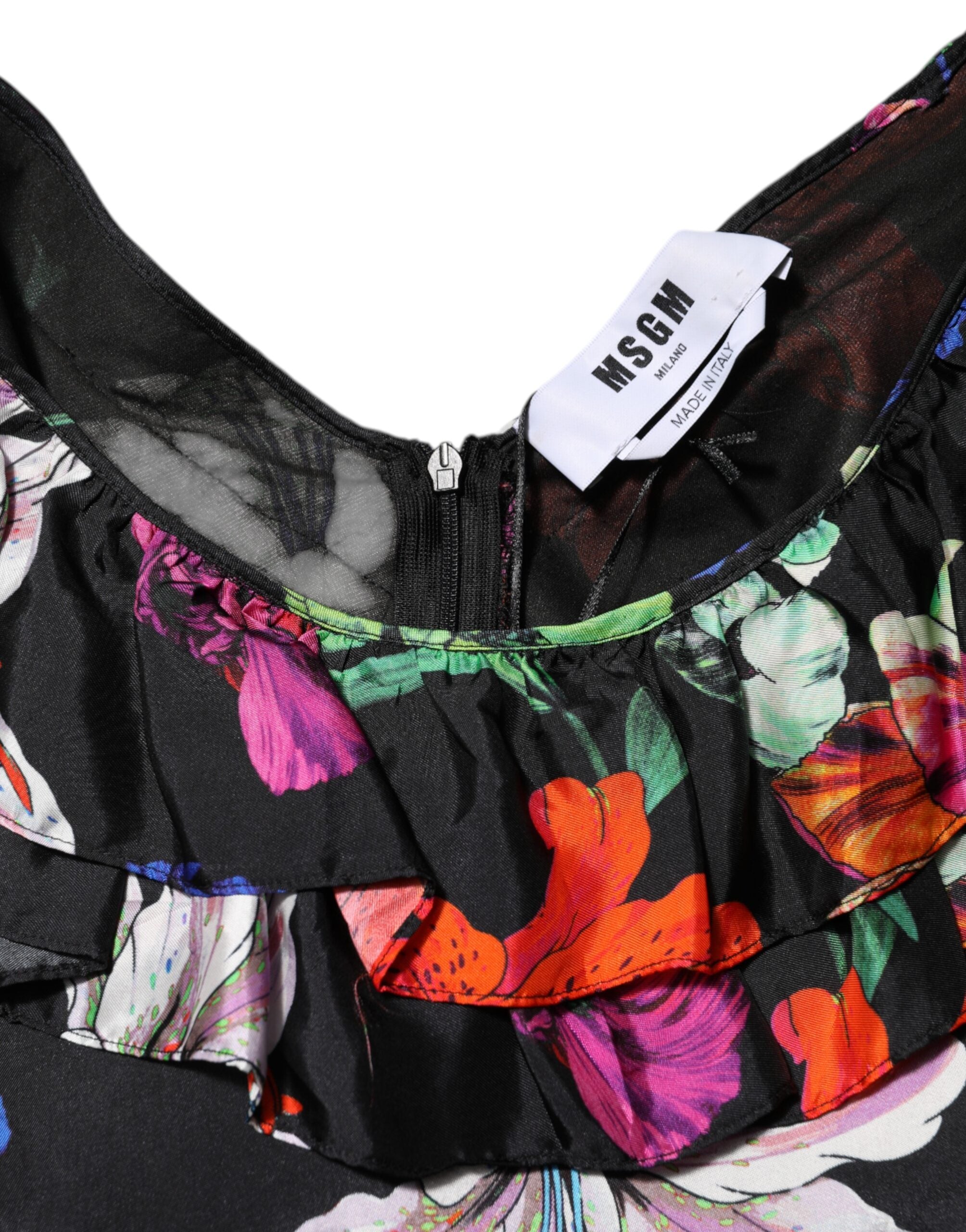 Dress Black Multicolor Floral Ruffle Long Sleeve Mini Dress