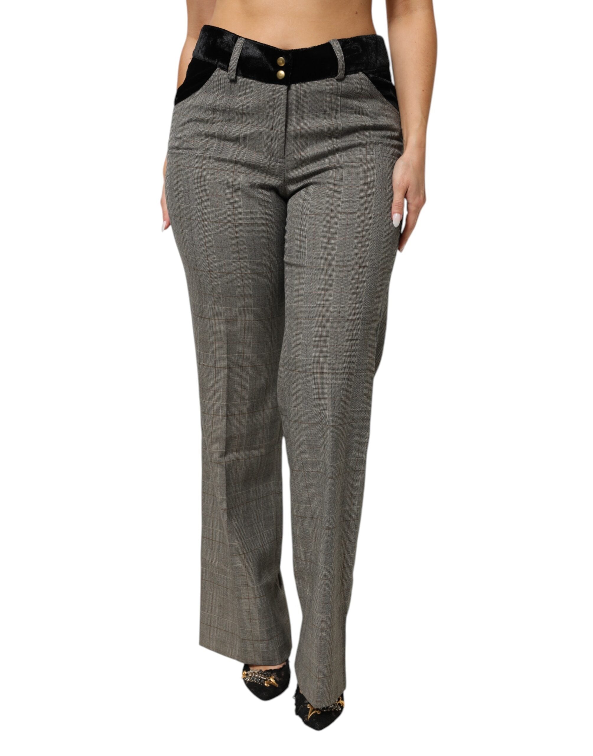 Gray Wool Blend Plaid Straight Leg Velvet Waist Pants