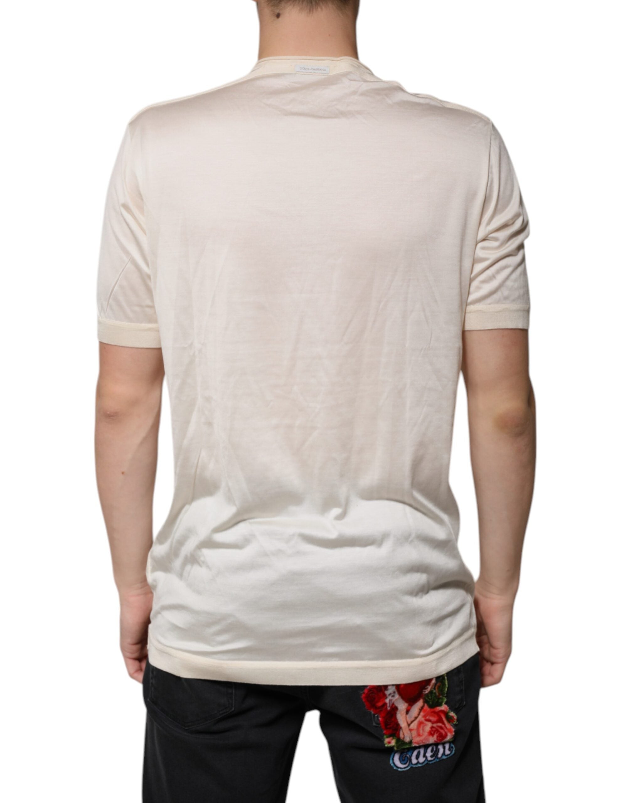 Off White Silk Henley Short Sleeves T-Shirt