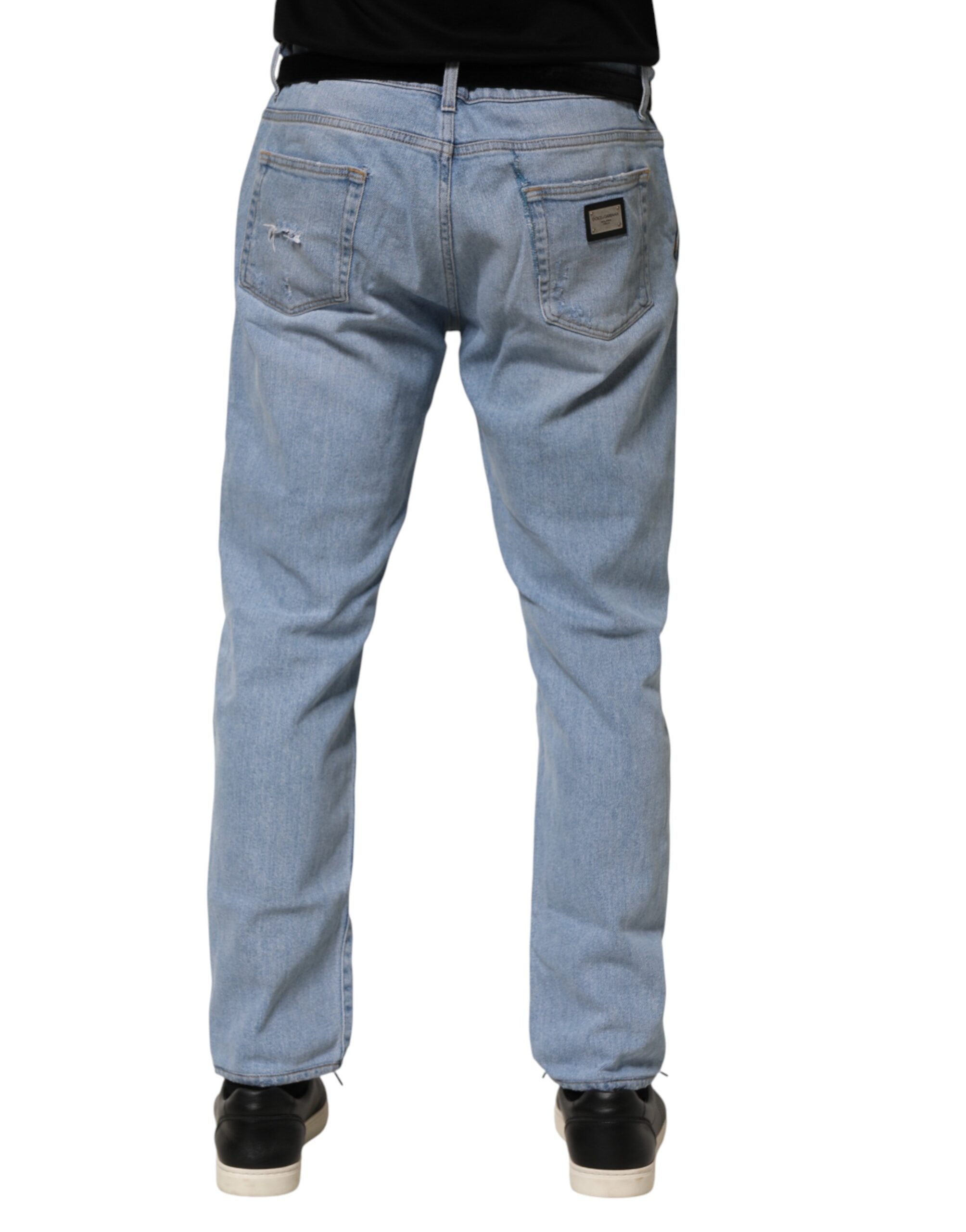 Blue Cotton Distressed Slim Fit Denim Jeans